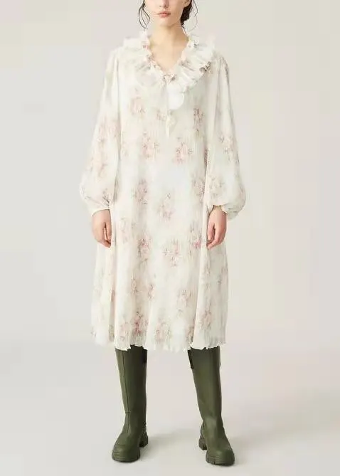 

Женское плиссированное платье миди с оборками, V-образным вырезом, длинным рукавом-фонариком и цветочным принтом, свободное платье для ранн...