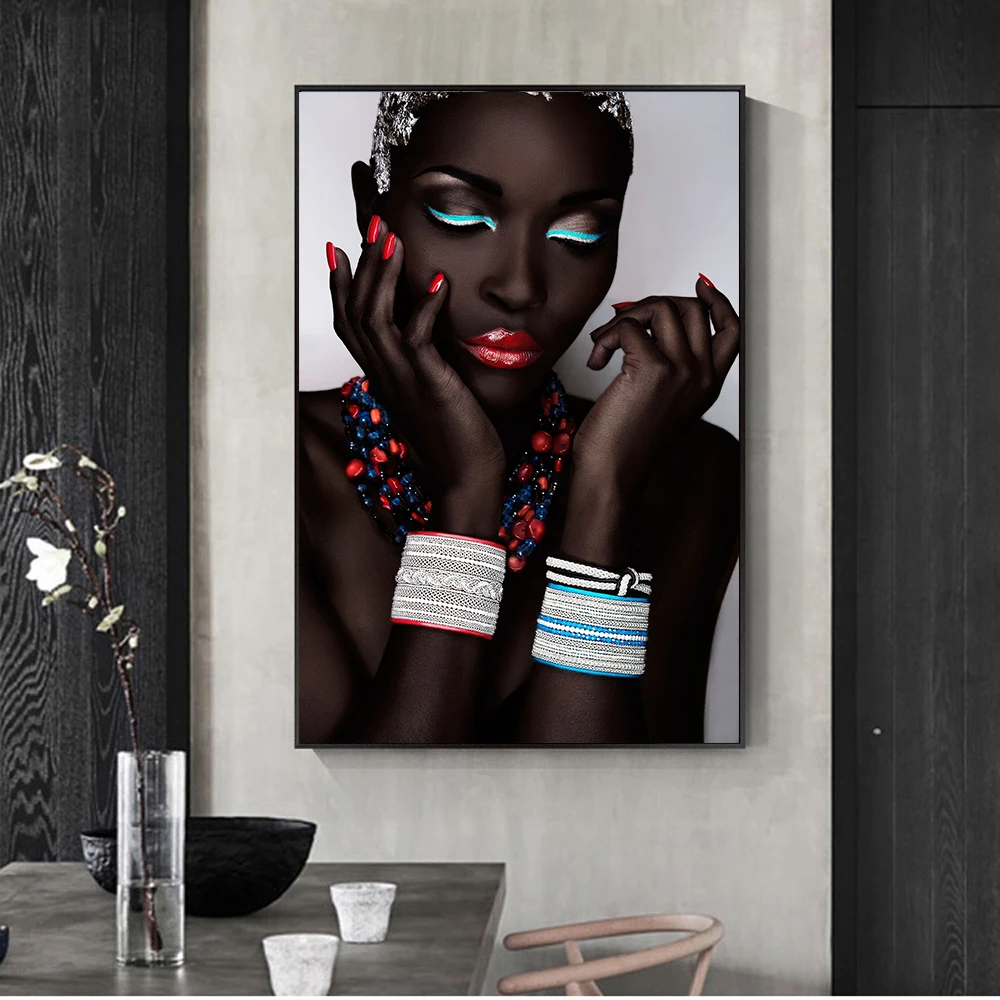 

African Art Black and Gold Woman Oil Painting on Canvas Cuadros Posters and Prints Scandinavian Wall Art Picture for Living Room