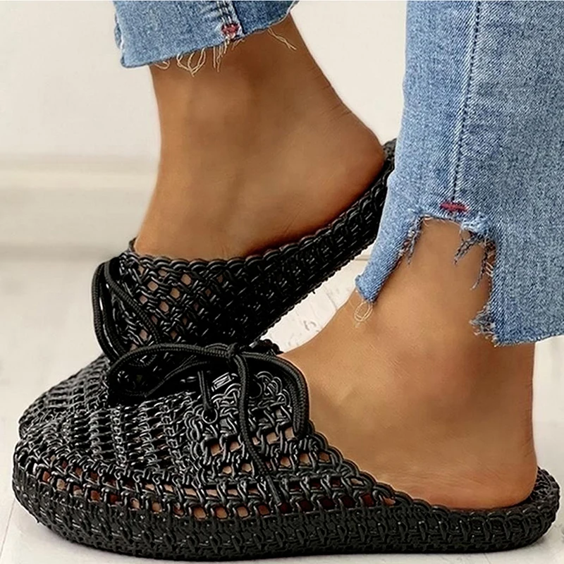 

Summer Slippers Shoes Woman 2022 Closed Toe Breathable Flip Flops Women Hollow Out Lace Up PVC Outdoor Flat Beach Slides Sandals