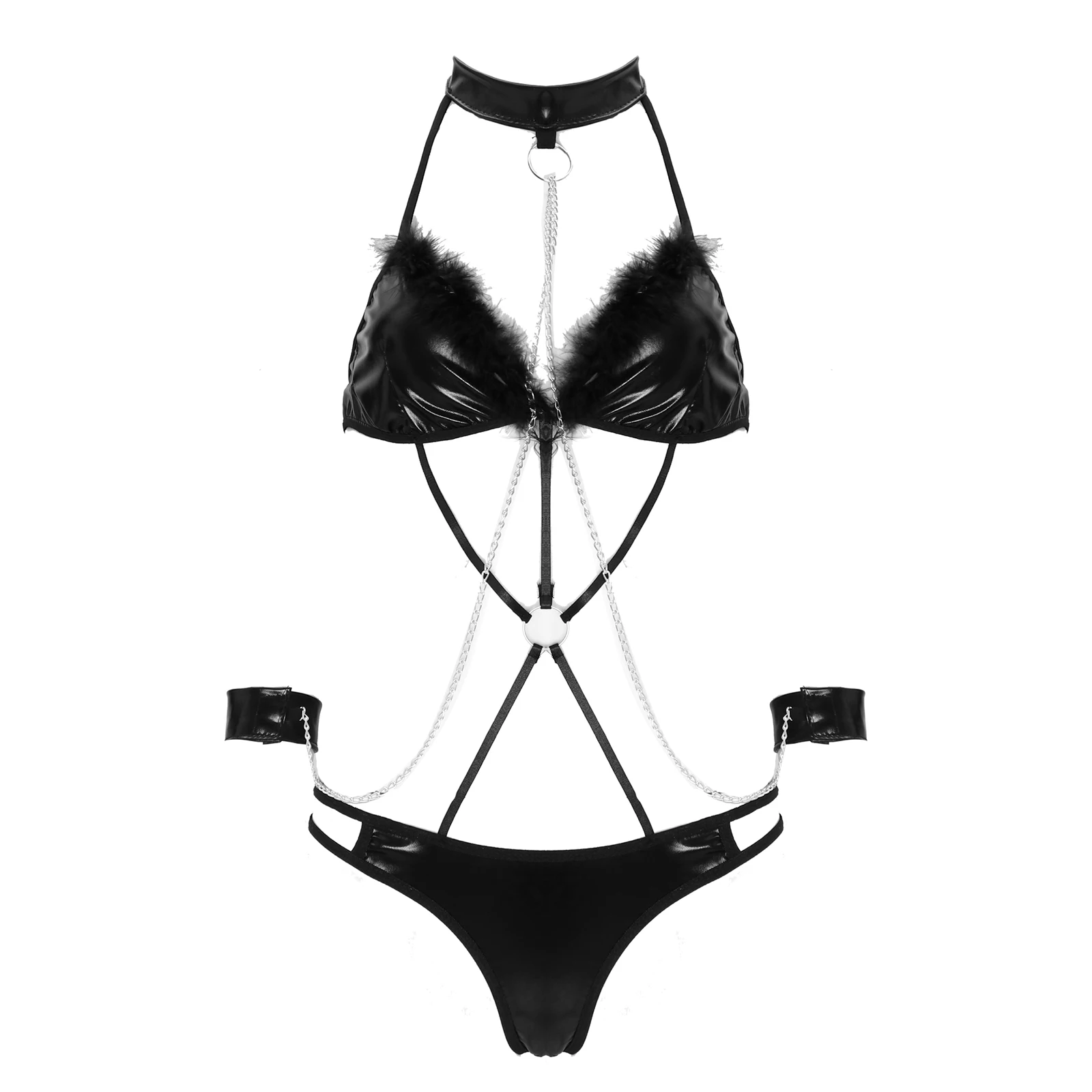 

Women Lingerie Set Halter Lace-up Strappy One-piece Bodysuit Wetlook Patent Leather Feather Trimming Metal Chain Decor Leotard