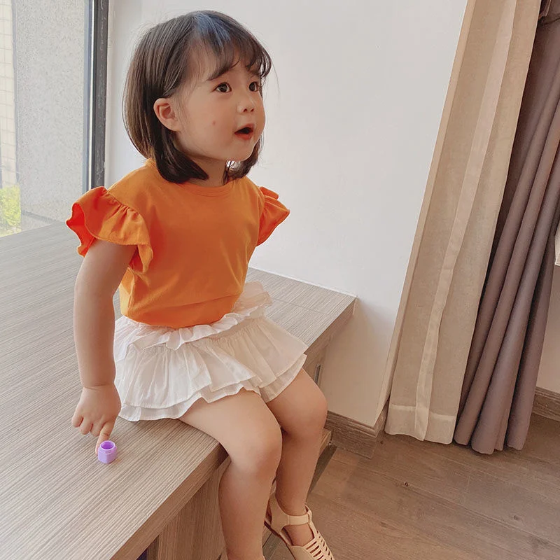 

Flying Sleeve Baby Girls Short Sleeve T-shirt for Kids Solid Color Cotton Shirt Tops Summer Children's Clothing