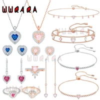 swa11 fashion jewelry high quality simple charm red blue love crystal heart pendant necklace earring bracelet set romantic gift