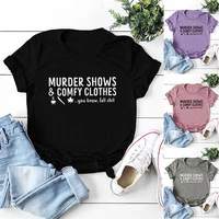 spot casual loose womens t shirt humorous and interesting letters murder shows comfy top simple print short sleeves
