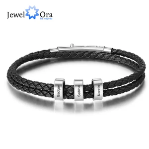 Мужские кожаные браслеты с тремя именами на заказ, черные, с двойной веревкой, из нержавеющей стали, с гравировкой, мужские ювелирные изделия