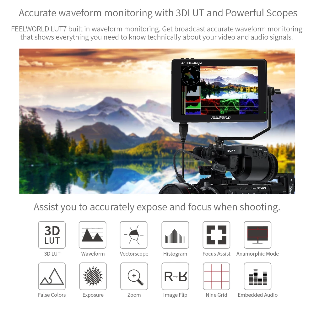 7 дюймовый сенсорный экран FEELWORLD LUT7 3D LUT 2200nits для цифровой зеркальной камеры