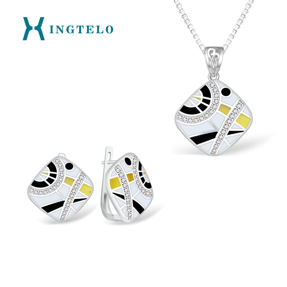 

XINGTELO Stud Earrings Square Pendant with Chain Enamel Cubic Zirconia Jewelry Silver 925 Jewelry Set for Girl Party Accessories