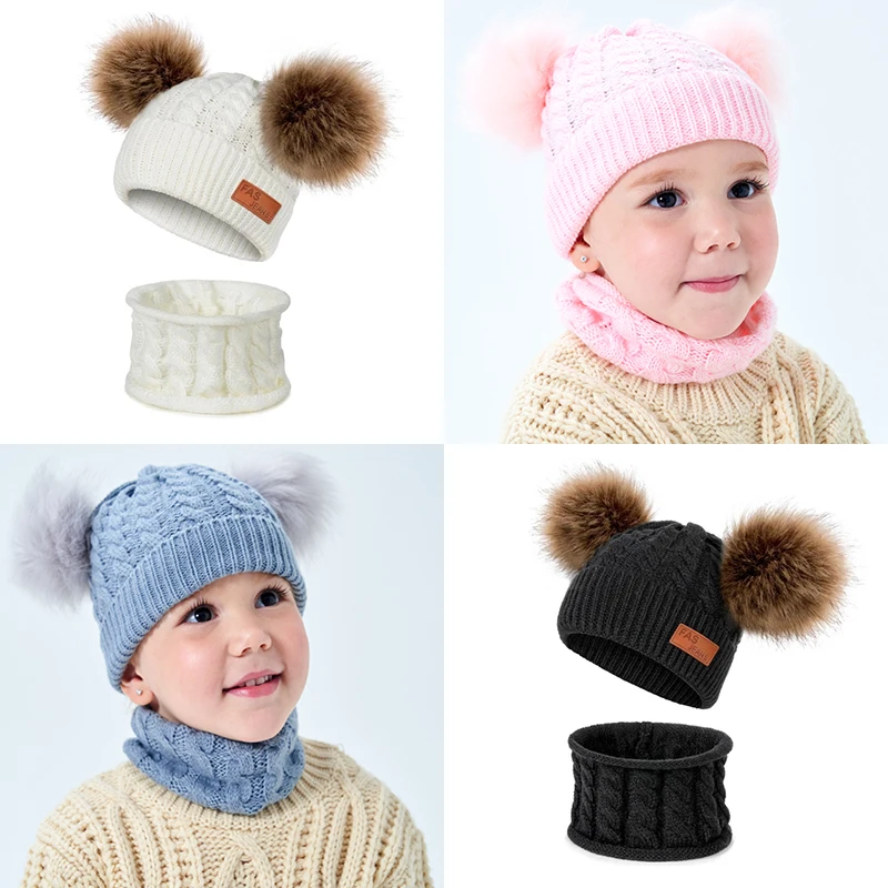 TRUENJOY 2 PCS Children Winter Knitting Hat Pom Pom Knitted Beanie Hat Ring Scarf Set for Kids Winter Skullies Hat boys girls