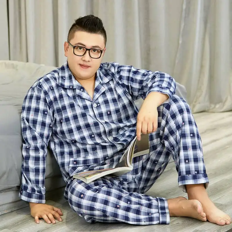 

Men Cotton Pajamas Plus Size Fat Set Plaid Loose Style Comfortable Cozy Lounge Homewear Nightgown Sleepwear Pyjamas 3XL-5XL