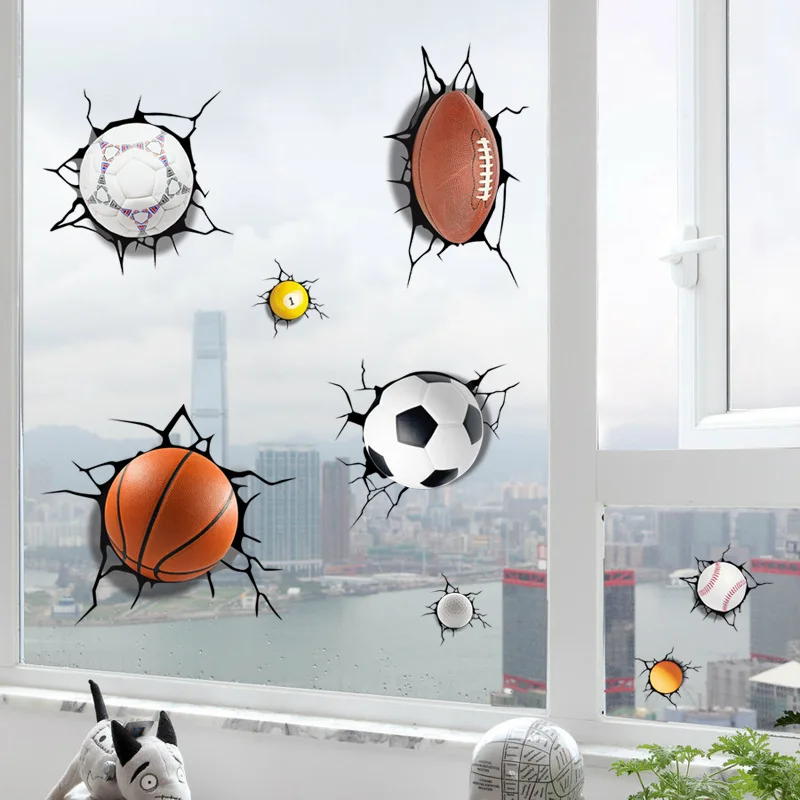 

Imitation 3D Broken Wall Football Basketball Cartoon Wall Stickers Bedroom Children's Room Background Decorative Wall Sticker