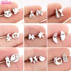 Серьги-гвоздики Асимметричные из нержавеющей стали для мужчин и женщин, простые украшения для пирсинга в виде земли, ракеты, кошки, мыши, пазлов, бокалов вина, повседневные украшения