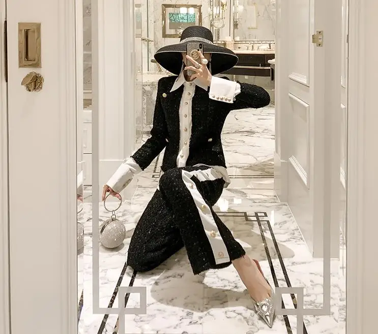 Высокое качество Женский комплект 2 шт. твидовый пиджак и длинные брюки костюмы