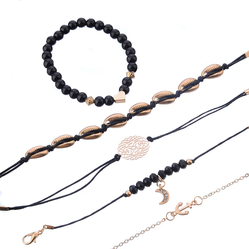 5 шт./компл. модный анкерный черный браслет наборы полых цветочных ракушек бусины