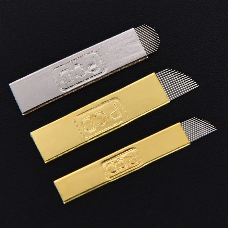 

50 шт. PCD 12 14 18 шпильки микроблейдинг ИГЛЫ Перманентный макияж лезвия ручная Татуировка бровей изогнутые лезвия иглы для тату ручка