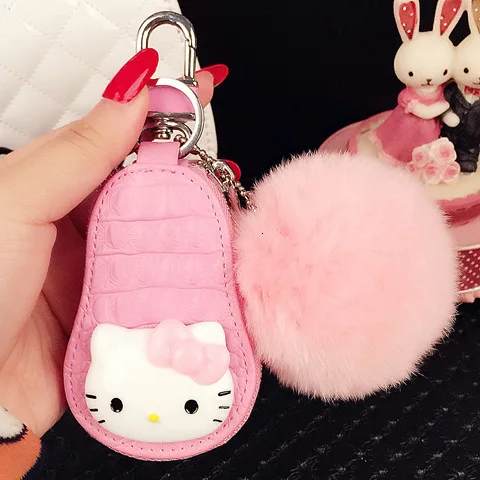 Hello kitty автомобильный чехол для ключей меховой шар Кисточки Брелок с пушистым кроликом Стразы кожа Женская молния набор ключей брелок держатель брелок