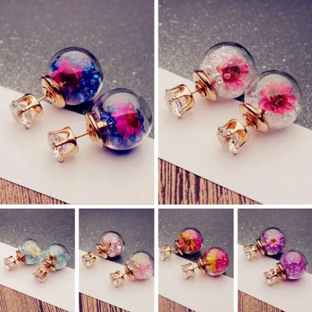 

Fashion Colorful Crystal Stones Dry Flower Glass Ball Double Earrings Front And Back Ear Stud For women Girls Jewelry Gift