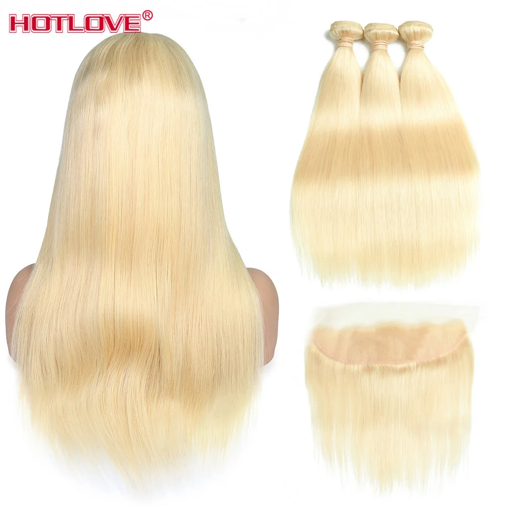 613 Blonde Peruvian Straight Hair Lace Frontal Closure With 3 2 Bundles Human Hair Bundles 13x4 Lace Frontal Closure Remy Hair