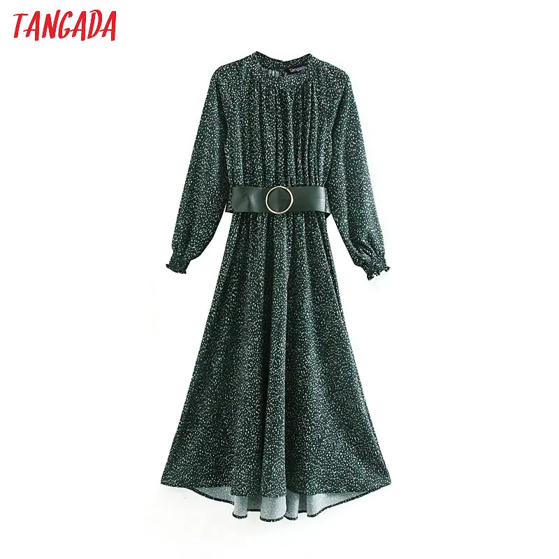 Tangada, модное женское платье в зеленый горошек с поясом, стоячий воротник, длинный рукав, женское свободное платье миди, Vestidos XN16