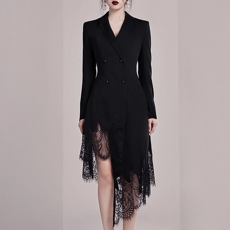 

Elegant Lace Patchwork Women Dress Lapel Long Sleeve High Waist Button Slim Asymmetrical Dresses Female Fashion New 68-5.1