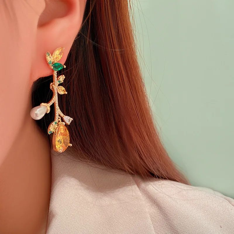 Yellow Crystal Dangle Jewelry Luxury Earrings for Women 2022 Trendy Pearl Water Drop Earrings pendientes Серьги