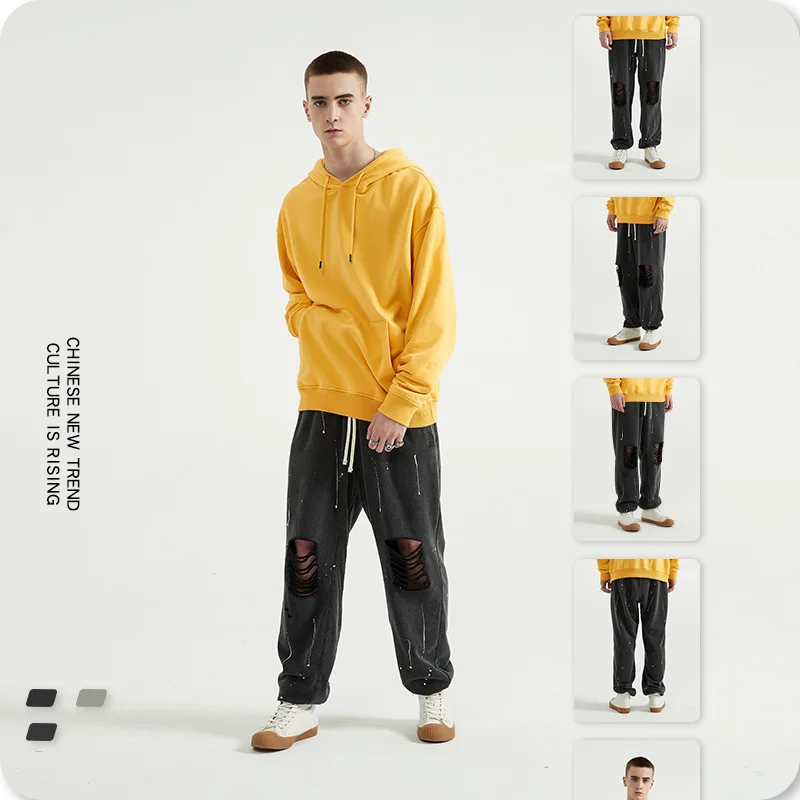 Крутые мужские брюки осень зима новый стиль колено отверстия брызги штаны с