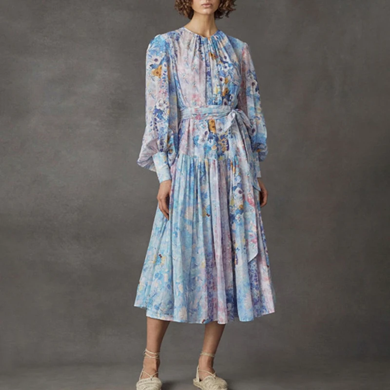 

Женское винтажное платье-миди с цветочным принтом, длинным рукавом-фонариком и высокой талией