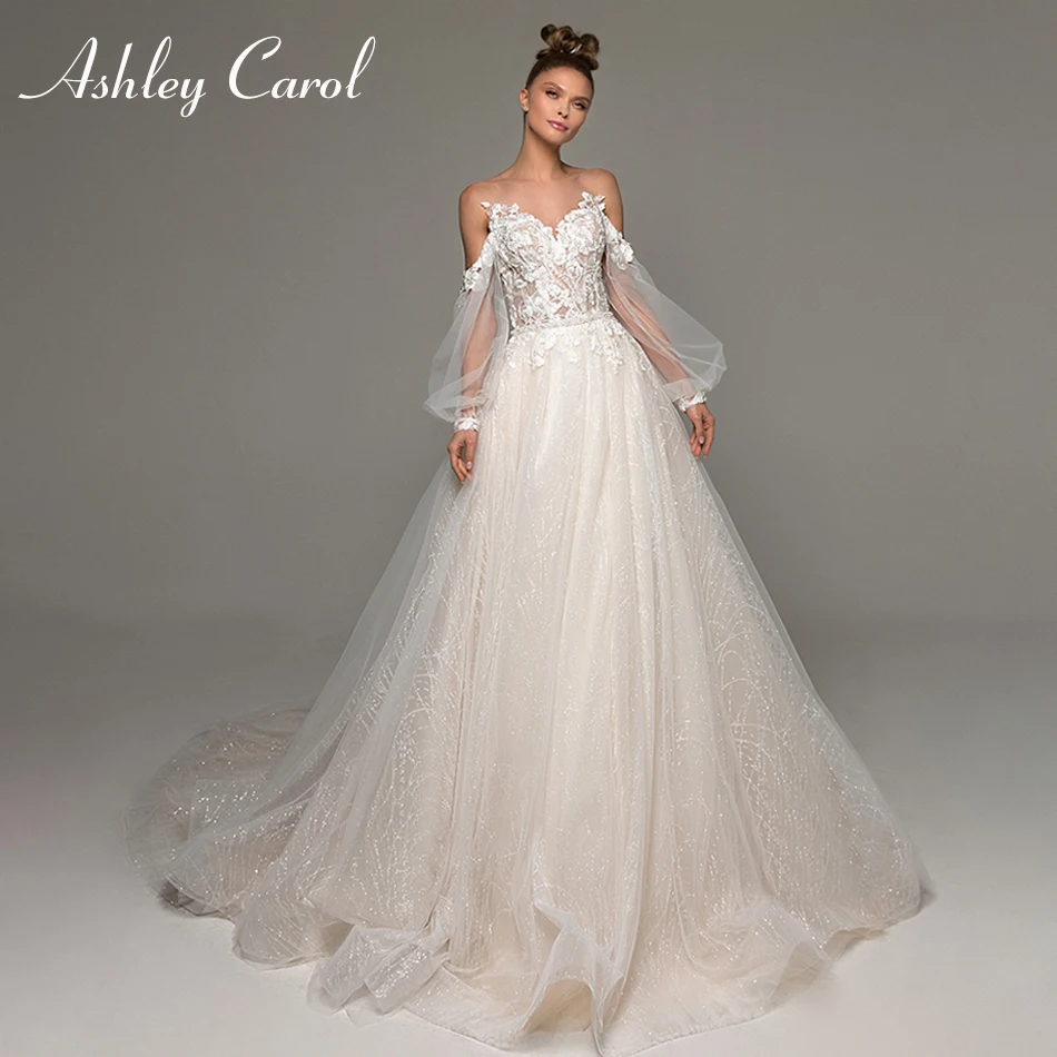 

Свадебное платье трапециевидной формы Ashley Carol 2023, милое платье с пышными рукавами и аппликацией в стиле бохо, Кружевное Свадебное пляжное платье цвета шампанского, Vestidos De Novia