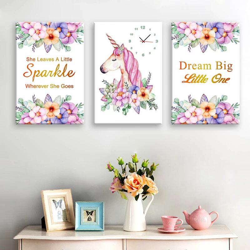 

E-HOME Flowers and Horses Clock in Canvas 3pcs wall clock 21032528