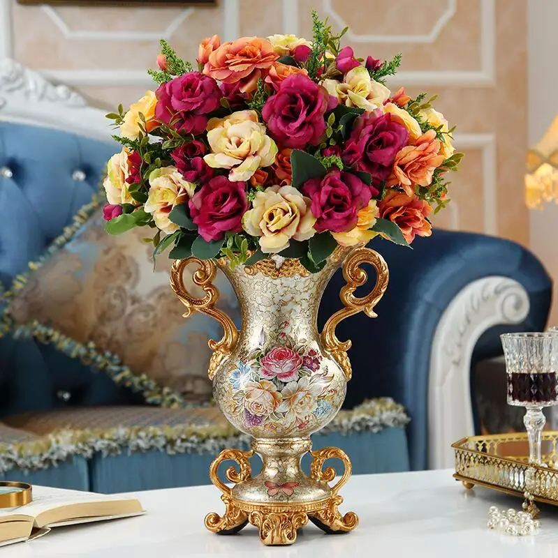 

Европейская полимерная ваза + набор искусственных цветов, Декор, клубный стол, крыльцо, статуэтка, украшение для дома, Шелковый Искусственный цветок Pot Crafts