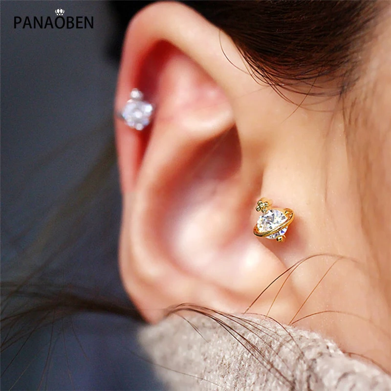 

PANAOBEN 925 sterling silver earrings for women Mini Planet Stud Earrings Universe Saturn Zircon Crystal christmas fine jewelry