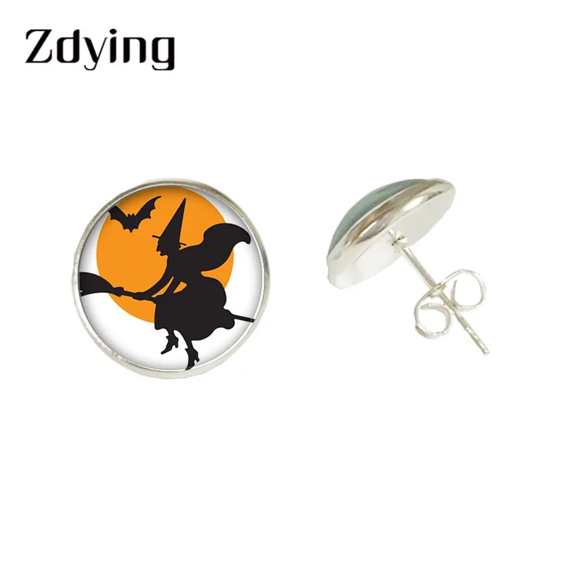 ZDYING Хэллоуин ведьма Череп Черный кот серьги гвоздики стеклянный кабошон фото в