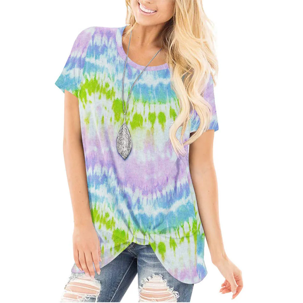 

Летняя новая женская Свободная кофта с круглым вырезом и с принтом тай-дай короткий рукав, повседневные футболки