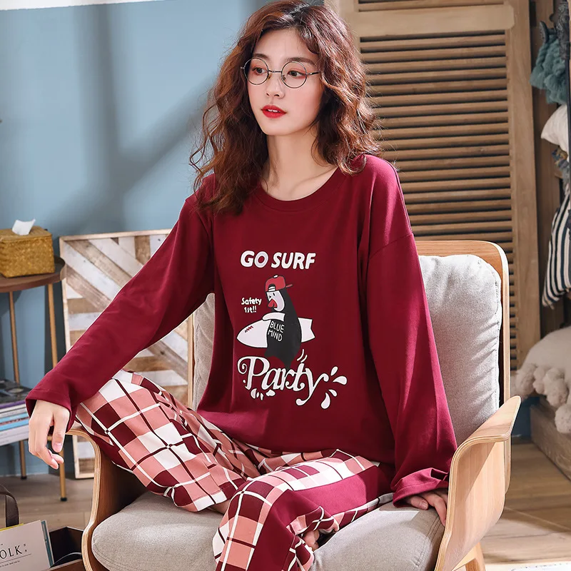 Style 2013 Пижамный комплект, Женский хлопковый весенне-осенний костюм из двух предметов с длинными рукавами, большие размеры, зимние студенческие милые брюки и топ, одежда для сна - Цвет: Style 2013