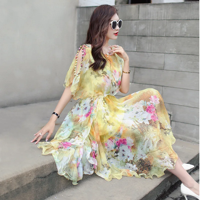 

Plus size xl-6xl(bust 130cm)Big yards ladies Bohemian dresses new beach longue seaside resort female summer floral chiffon dress
