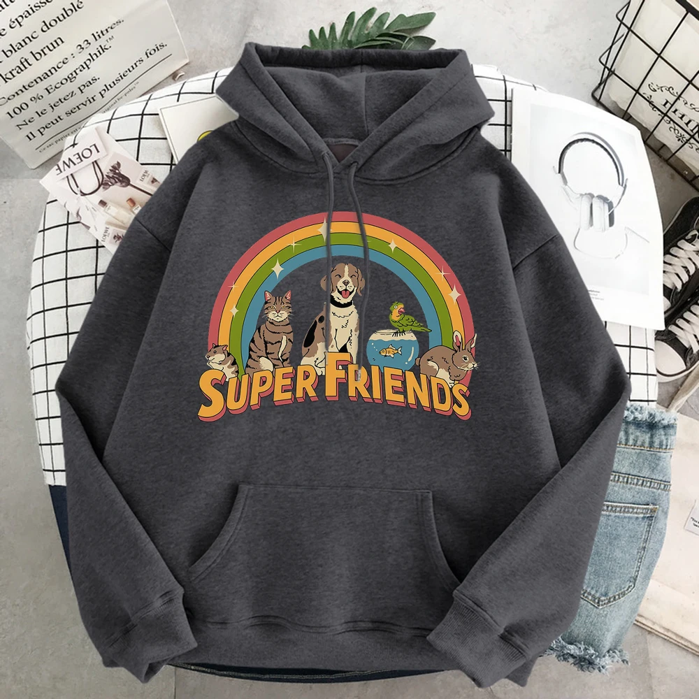 

Kawaii Super Friends Womens Hoodies Cat Dog Funny Print Hip Hop Fashion Sweatshirts Harajuku Vintage Hoodie Female Streetwear