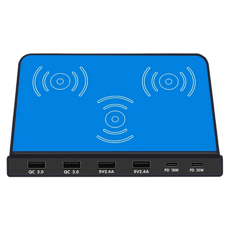 

6 Port 30W Type-C PD QC3.0 USB Fast Charger 10W Wireless Phone Charger USB Hub Station