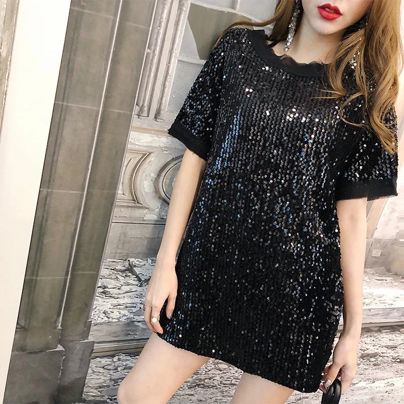 Летняя шикарная черная рубашка с блестками круглым вырезом сетчатая Кружевная