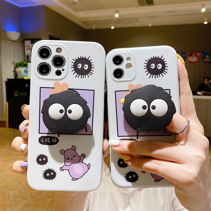 

Japan Spirited Away Anime Briquettes Bracket phone case For iPhone12Pro max 7 8plus XR XS MAX 13 11Pro Max Lens protection cover