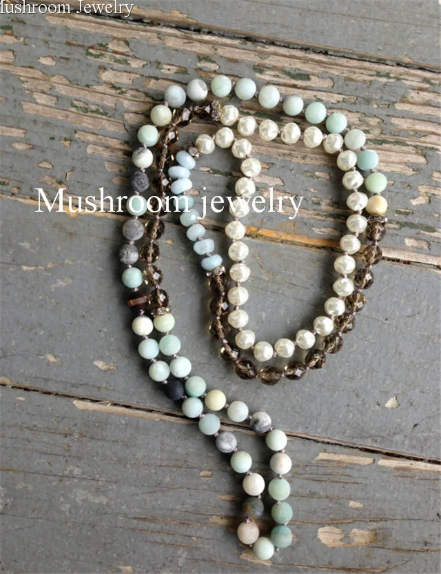 Long Amazonite Stone White Pearl Beads Multi-layer Necklace