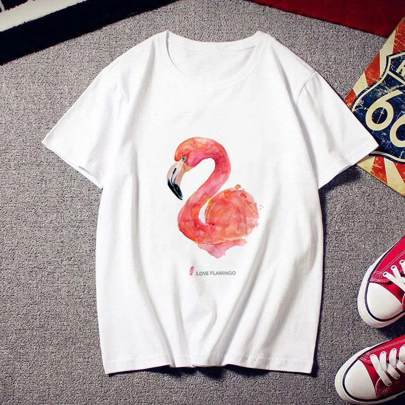 Женская футболка в стиле Харадзюку розовая с принтом фламинго сердечками