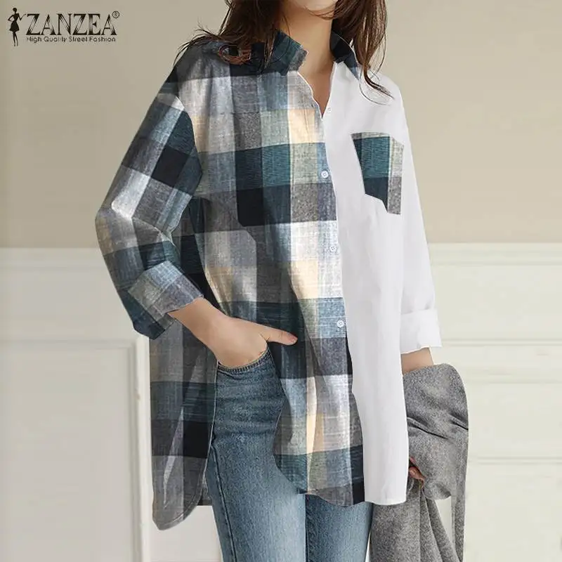 

ZANZEA Long Sleeve Irregular Blusas Women Fashion OL Shirt Spring Autumn Printed Patchwork Tops Casual High Low Blouse Oversized