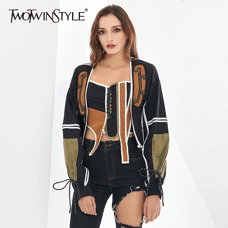 

Женские лоскутные куртки TWOTWINSTYLE, пальто с квадратным воротником и длинным рукавом, асимметричный подол 2020