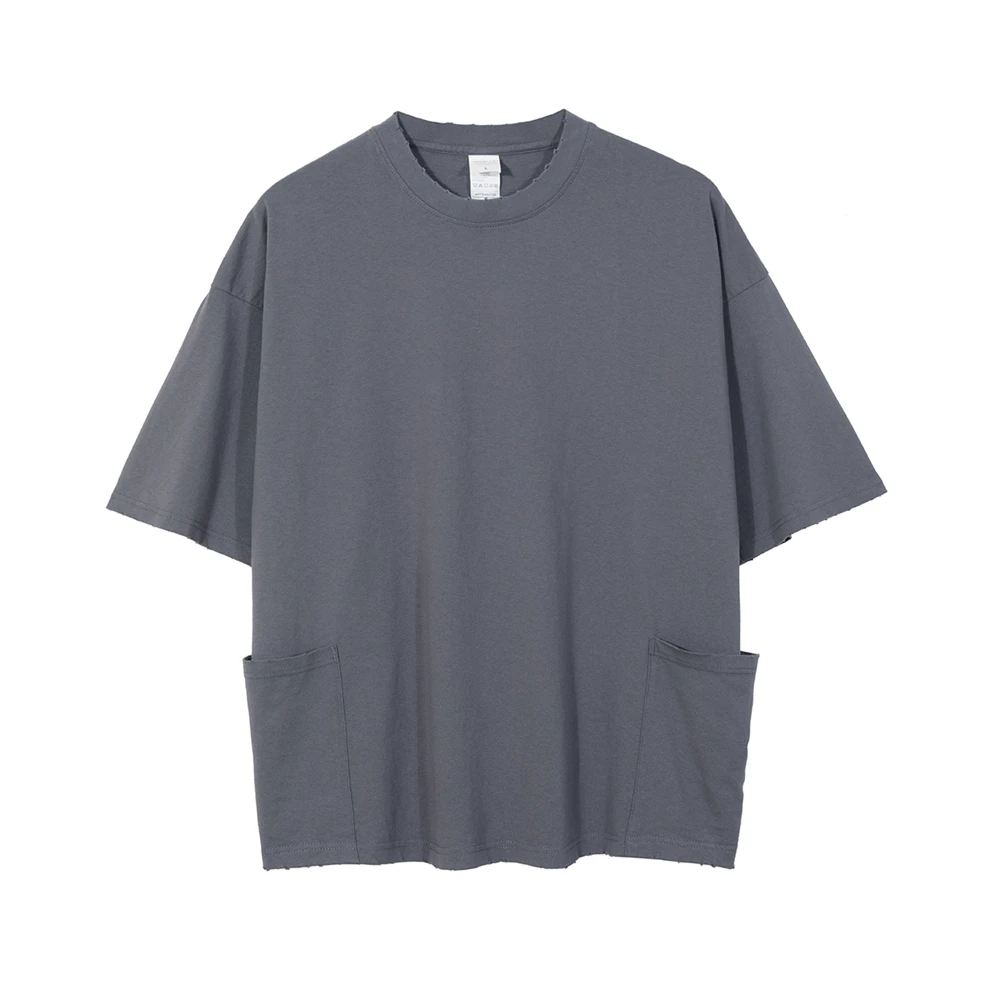 

Garment-Washed Heavy Cotton Side Pocket Tee Summer Short Sleeve Raglan T-Shirt Streetwear Five Colors