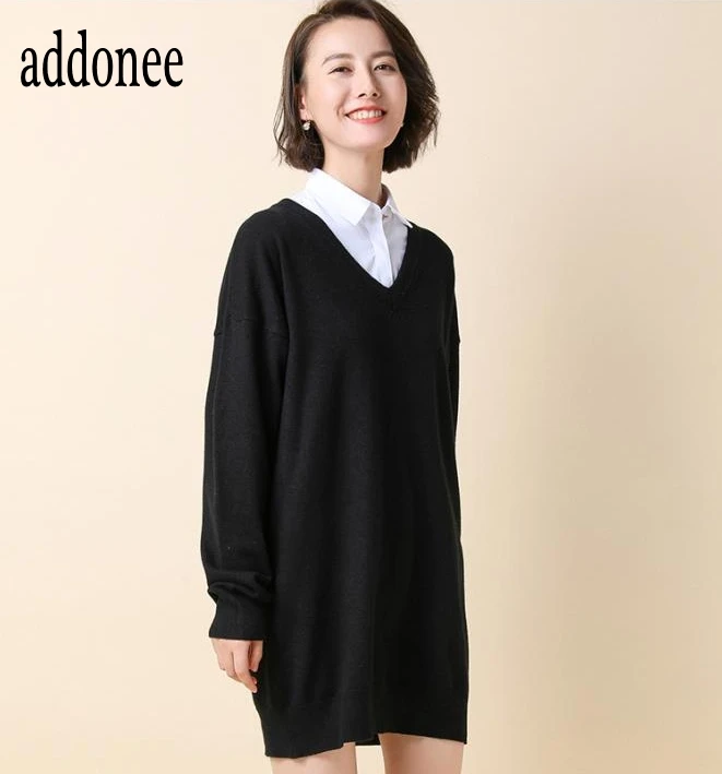Spring Autumn Winter New Women Lady Cashmere Wool Long Sweater Pullovers Solid V-Neck Casual Big Size Warm Wild Loose Fashion