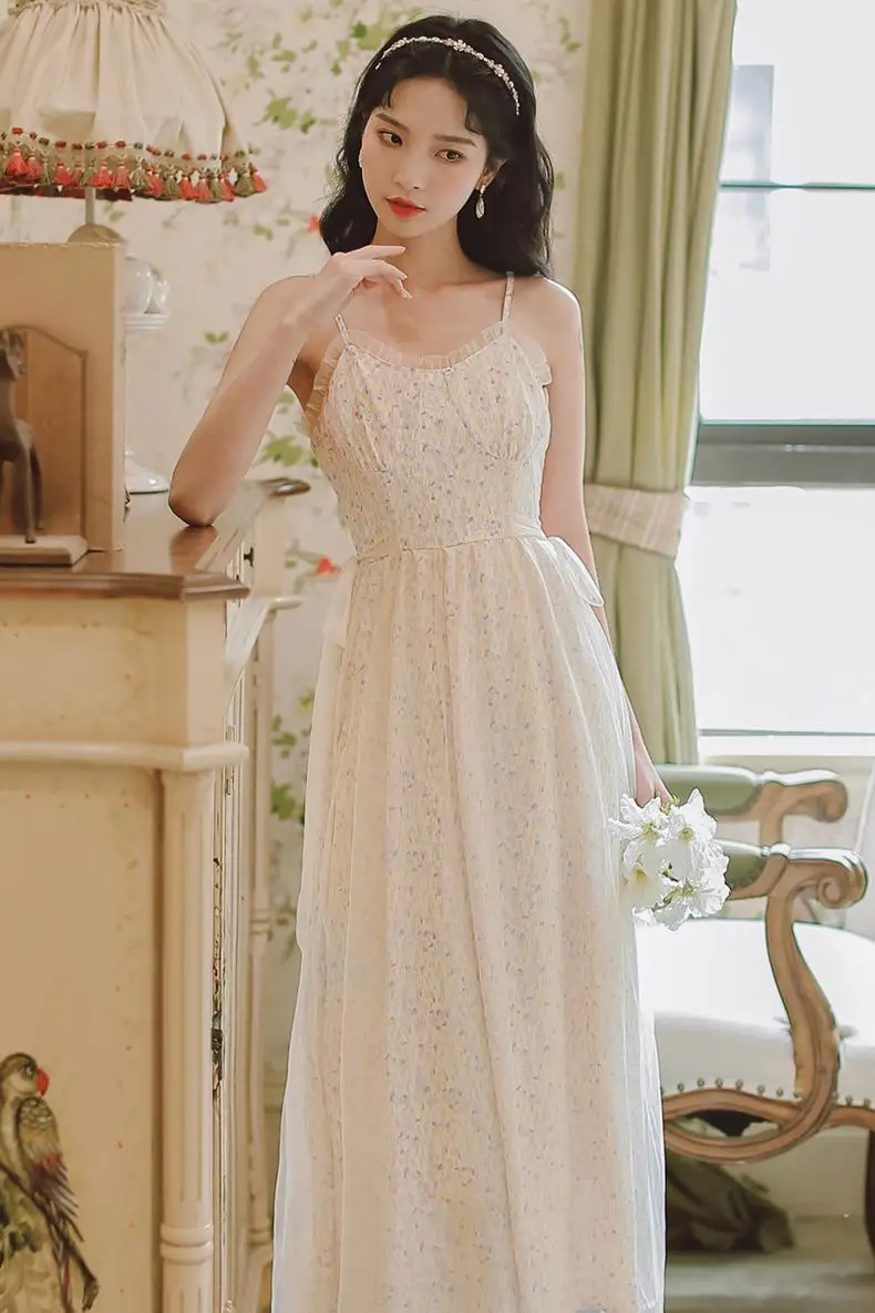 

COIGARSAM Vintage Floral Print Women One-Piece Dress Korean Spaghetti Strap Mesh Dresses Purple Yellow White Is Prevented 1535