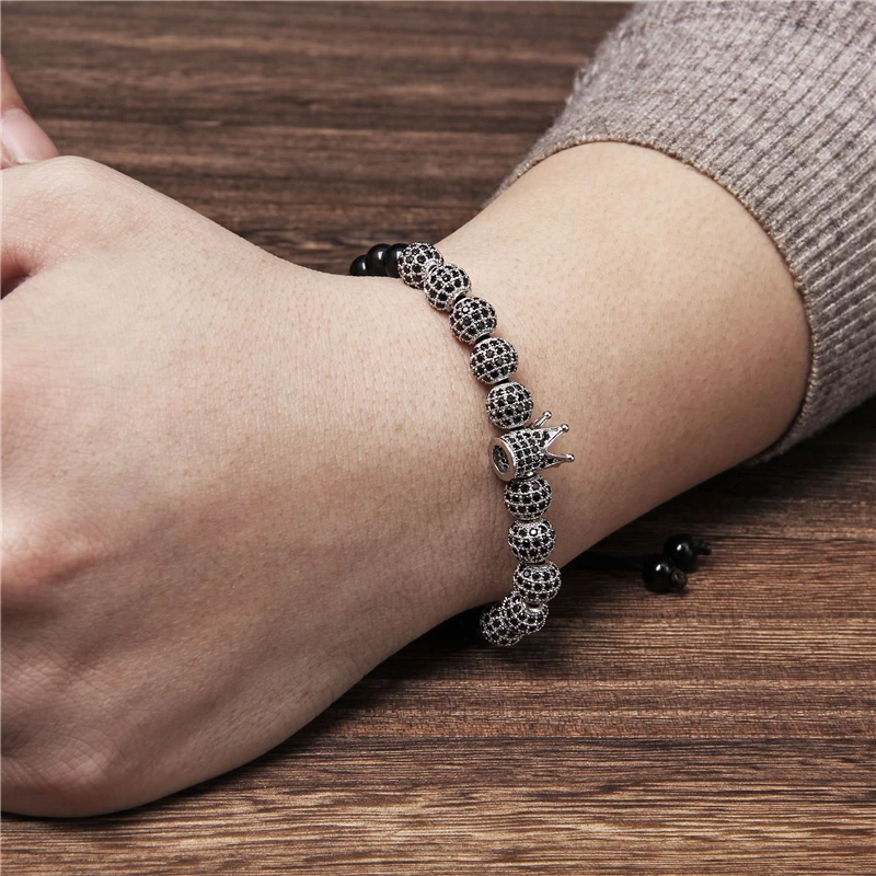 

Fashion Lion Head Men Braided Bracelet Natural Onyx Beads Bracelet Round Micro Pave CZ Ball Beads Charm Woven Bracelet Jewelry