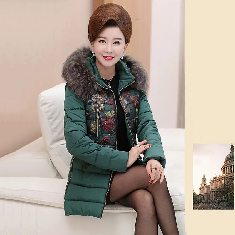 Abrigos mujer invierno, модный принт, зимний женский пуховик, хлопок, средней длины, куртка, парка с капюшоном, меховой воротник, утолщенное пальто