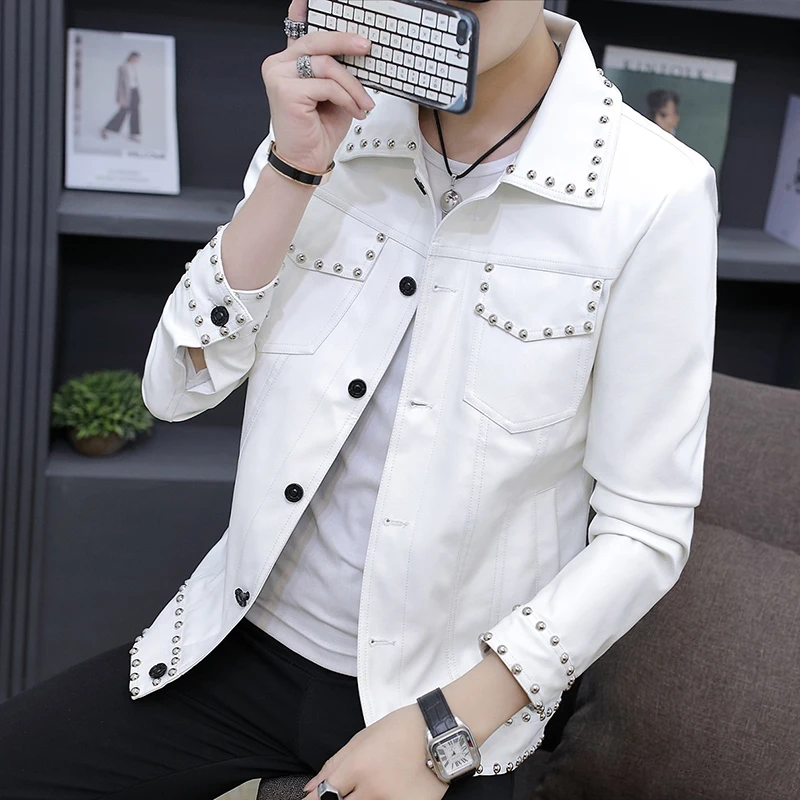 

Motorcycle Pu Leather Jacket Men Personality Rivets Vintage Slim Fit Coat Male Punk Single Breasted Fashion Black Outerwear
