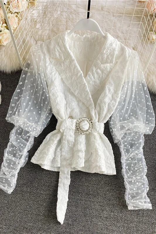 

2021 Spring Clothing Korean Style Elegant Suit Collar Cinched Mesh Bubble Long Sleeve Doll Short Waist Trimming Shirt Jacket