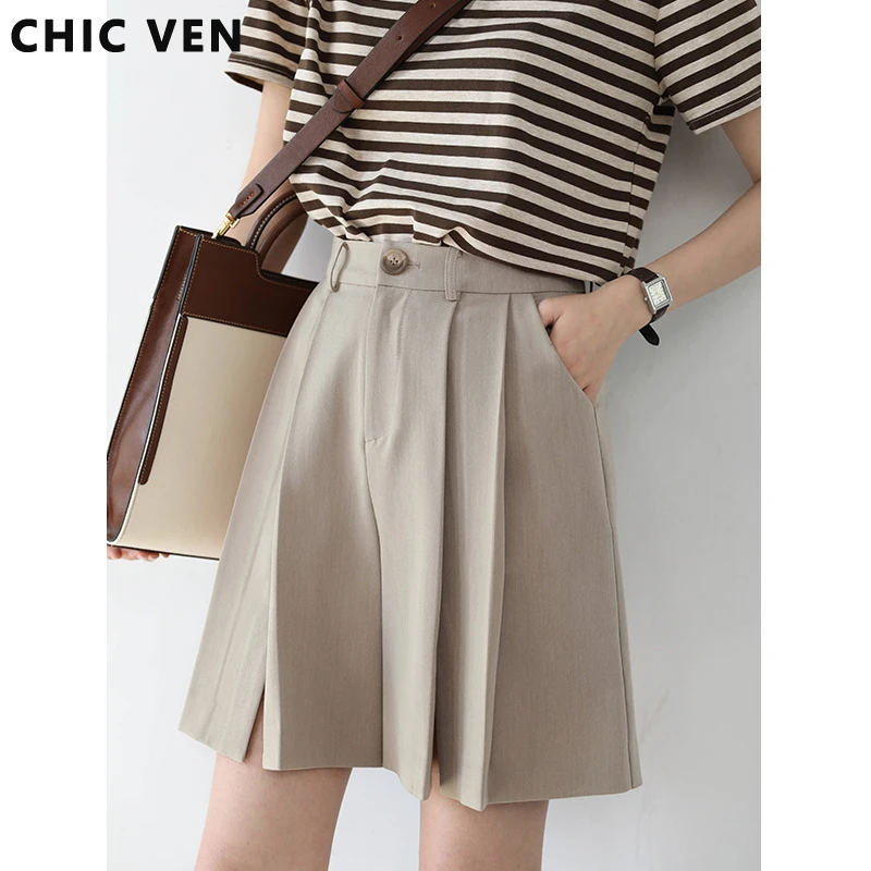 

Женские однотонные шорты с разрезом, высокой талией и широкими штанинами