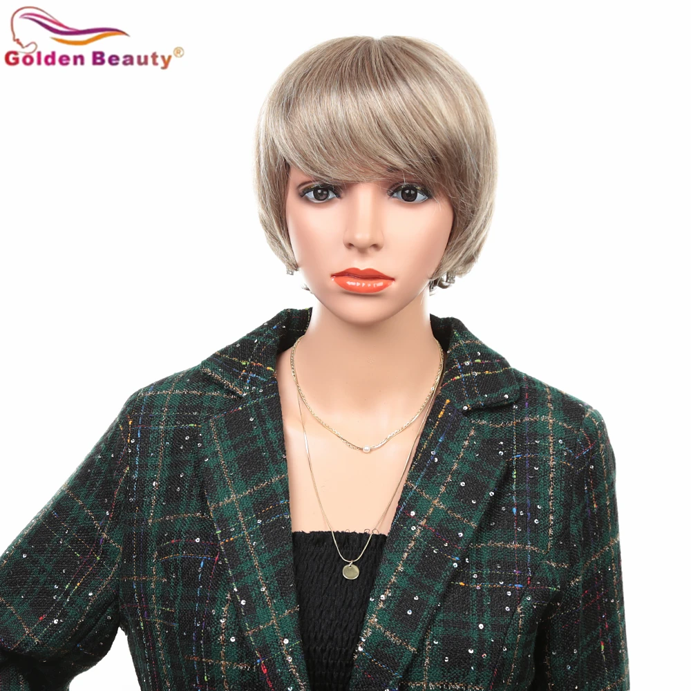 

Golden Beauty 6inch Synthetic Hair Wigs High Temperature Fiber Natural Short Bob Wig With Bangs Ombre Blonde For White Women